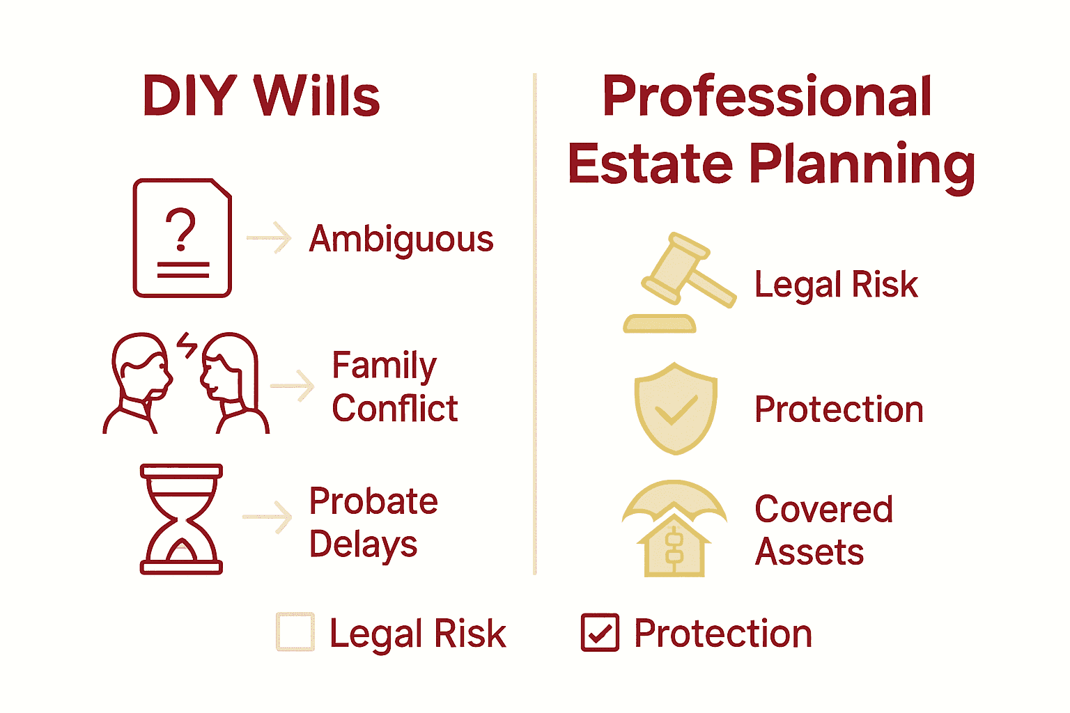 DIY wills versus professional estate planning infographic with icons and checklist.