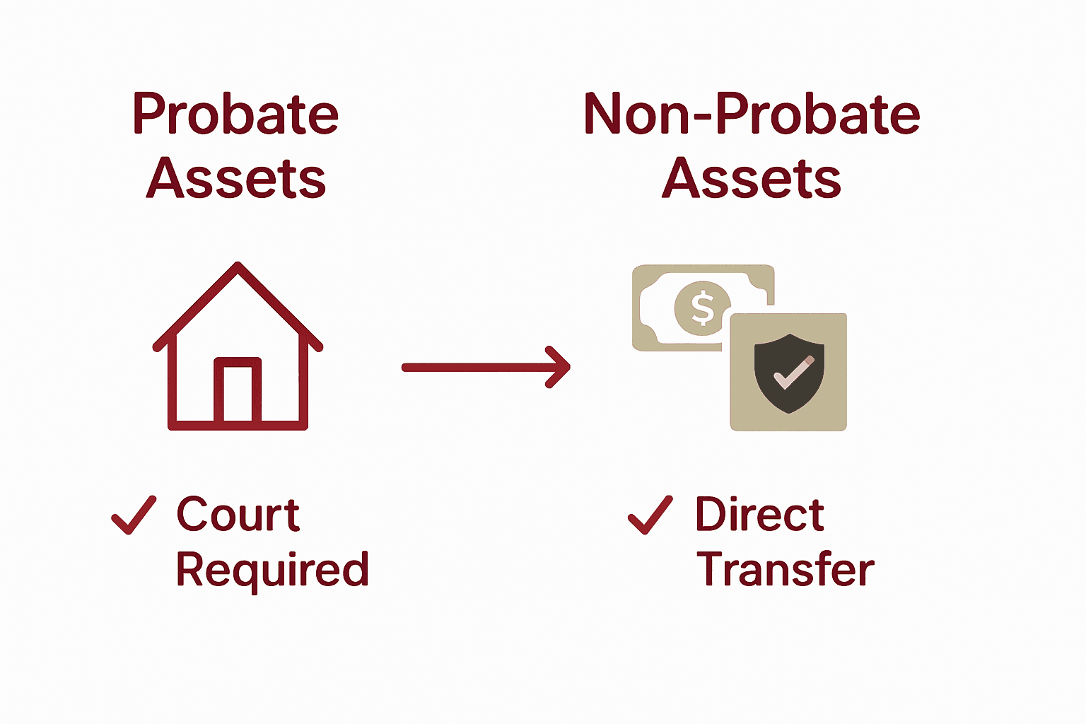 Infographic comparing probate and non-probate assets with icons and transfer paths