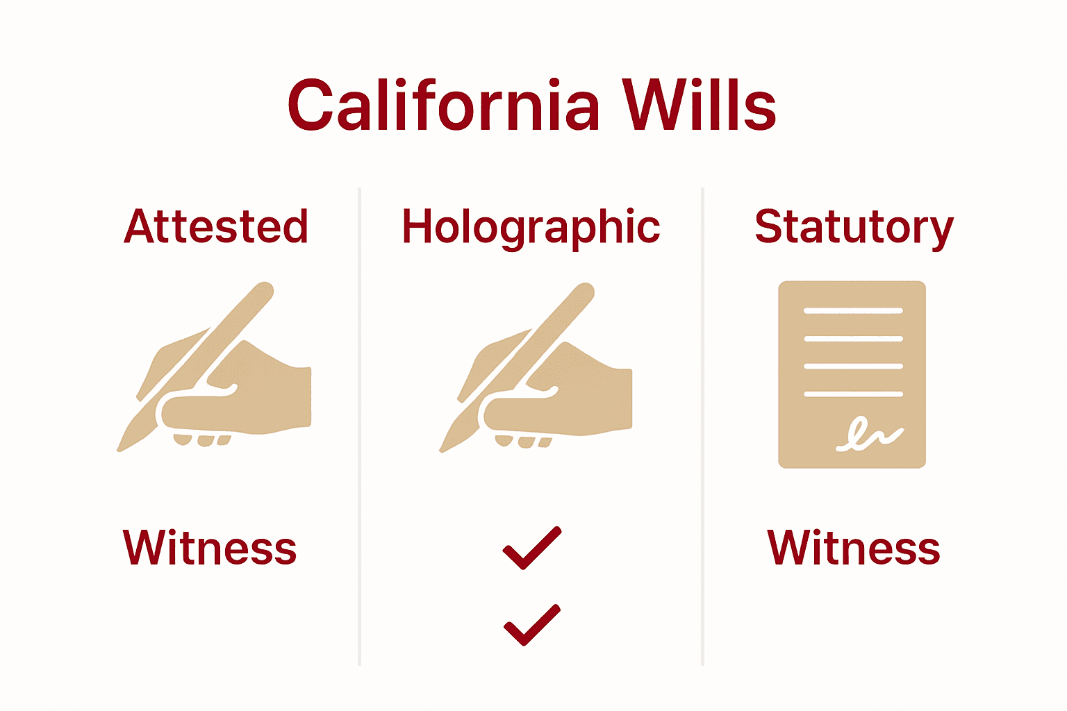 California will types compared: attested, holographic, statutory, with icons and brief requirements.