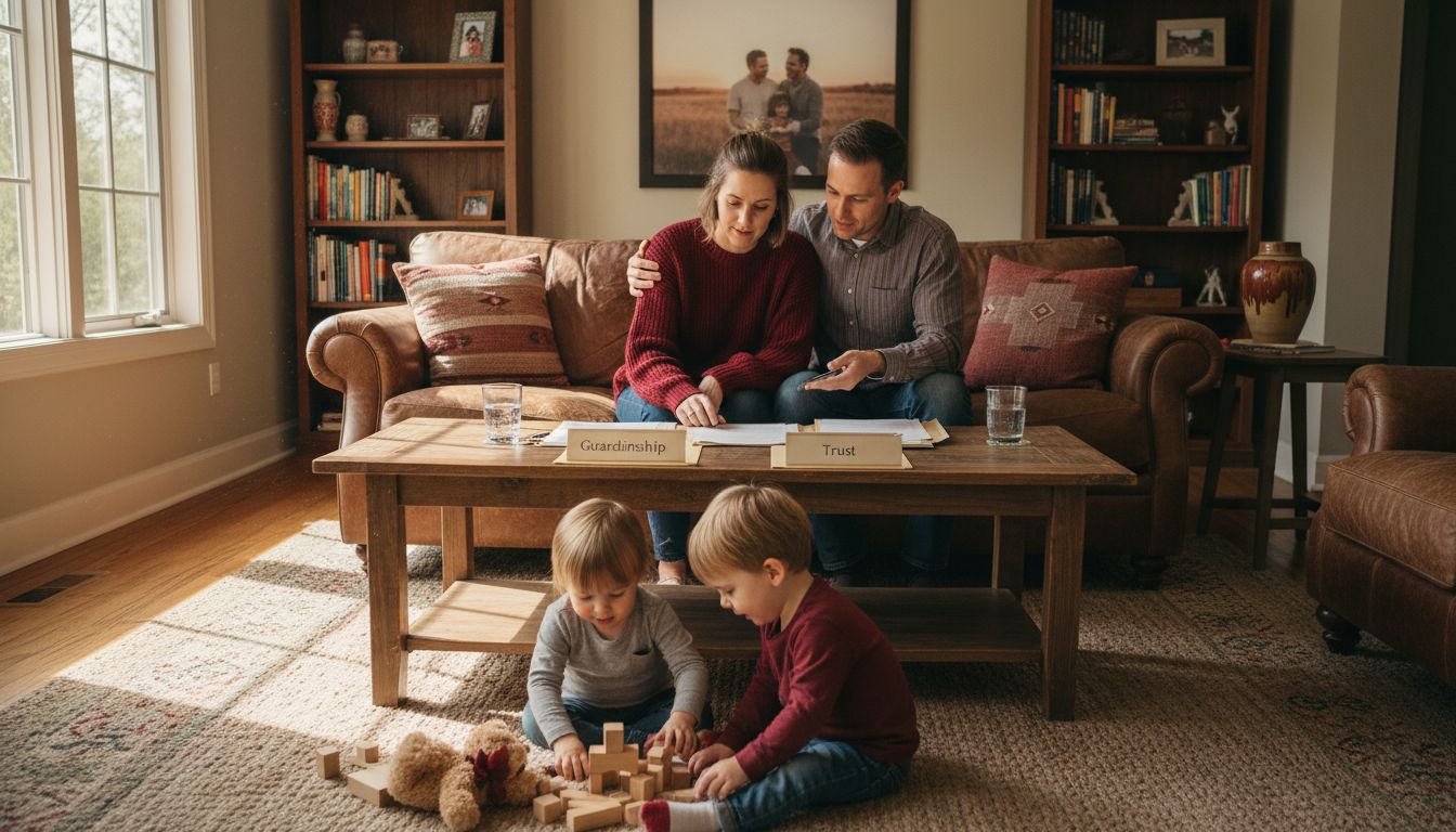 Parents planning estate with children nearby