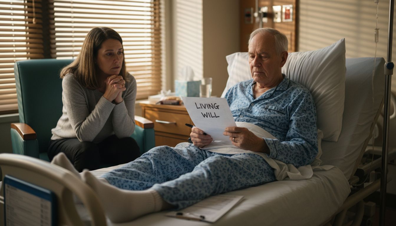 Hospital scene with living will document