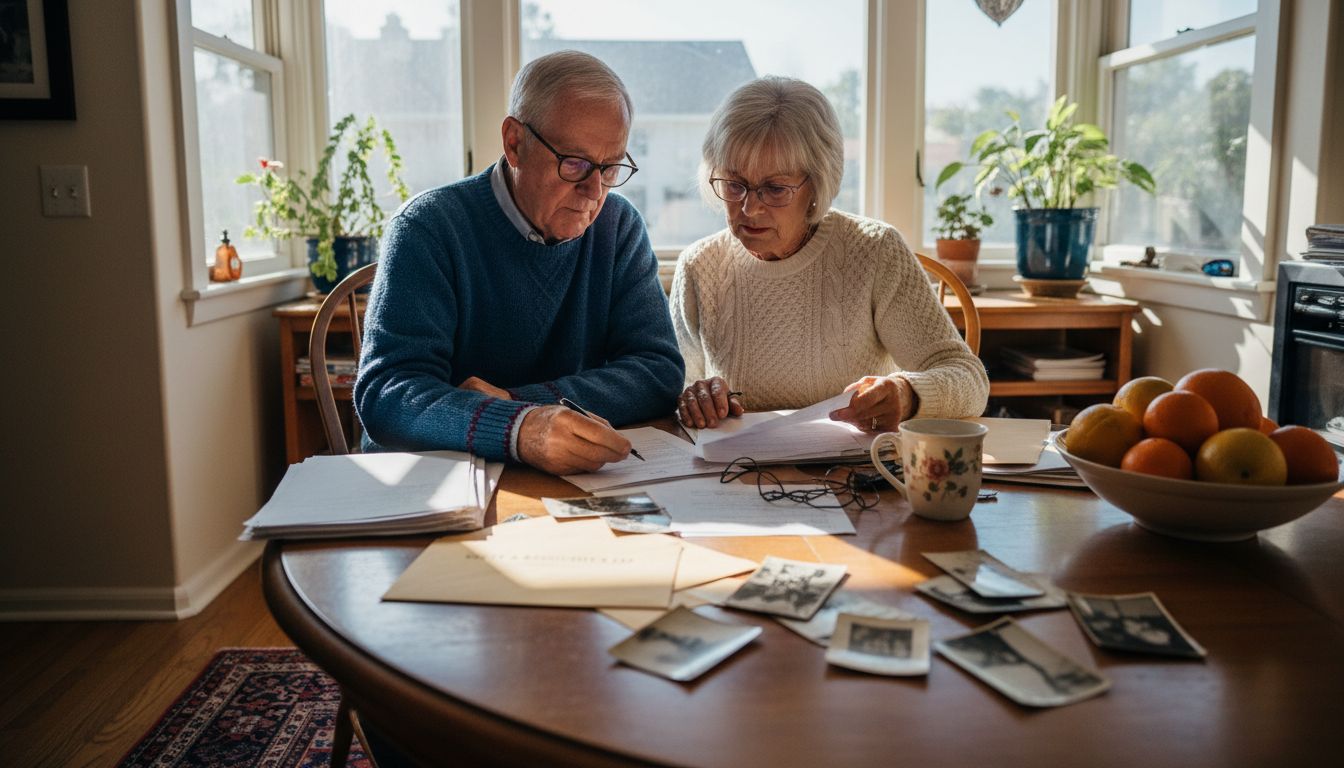 Couple sorting trust papers at kitchen table