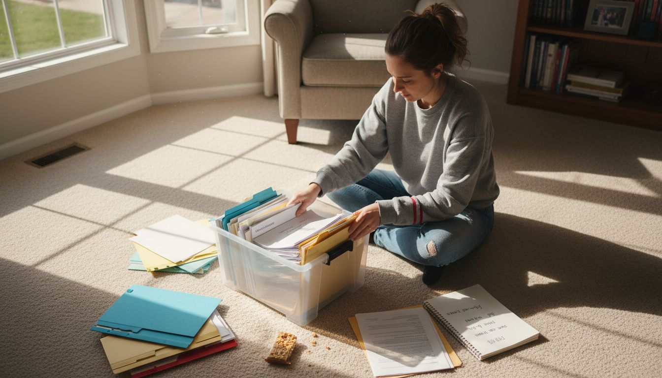 Organizing estate documents on living room floor