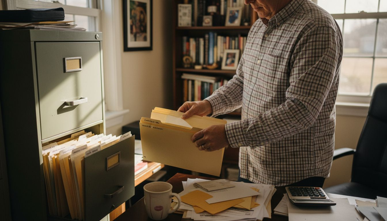 Executor sorting creditor files in home office