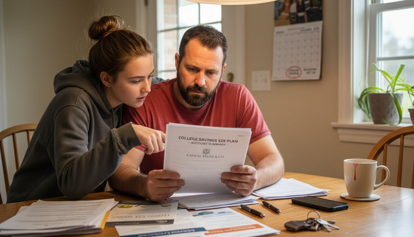 Parent and teen discuss 529 plan at kitchen table