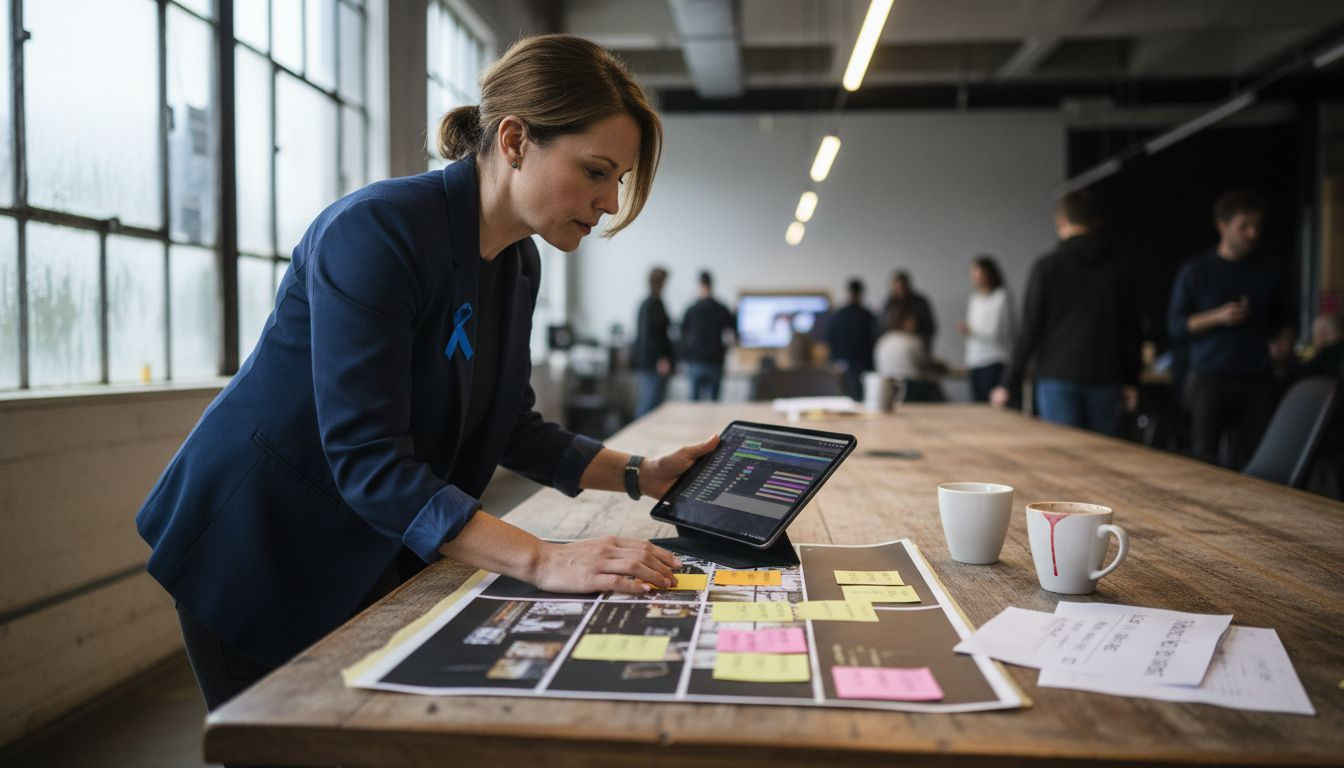 Production manager reviewing storyboard for AI workflow