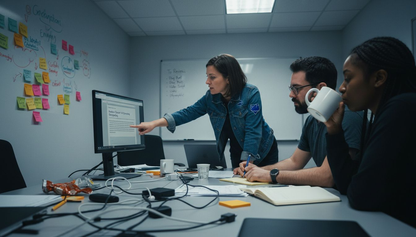 Creative team reviewing AI-generated drafts