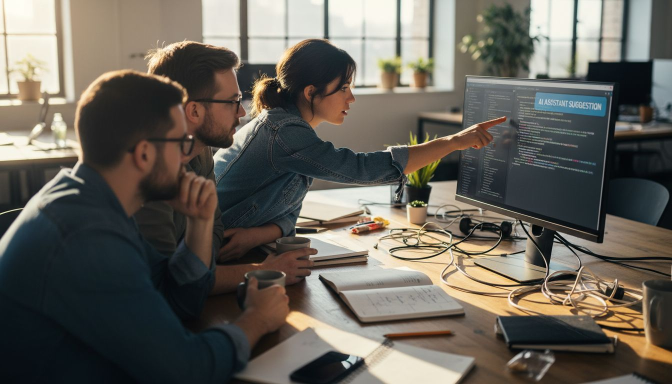 Team discusses code using AI tools at desk