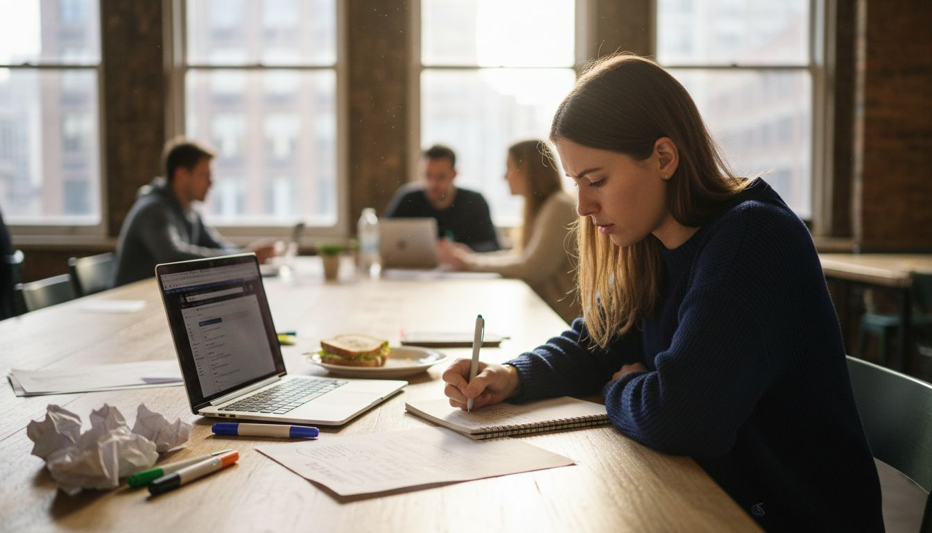 Person drafting AI prompt in busy workspace