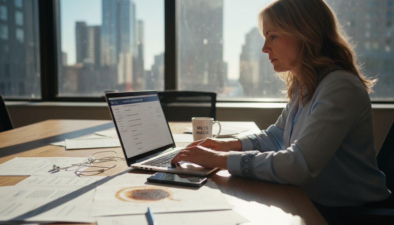 Marketer automating campaign at cluttered desk