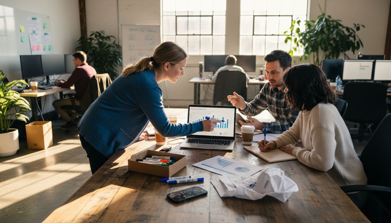 Team reviewing marketing AI dashboard in office