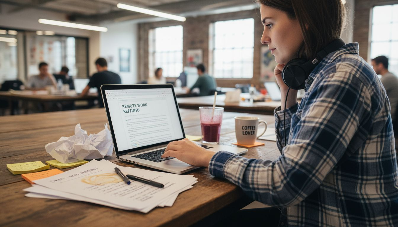 Editor revising blog post in coworking space