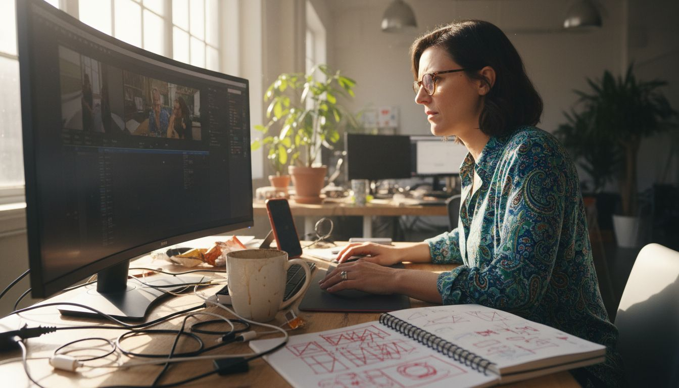Woman edits video with AI automation tools