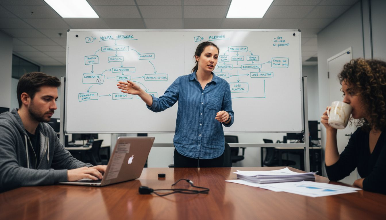 Team diagramming AI workflows on whiteboard