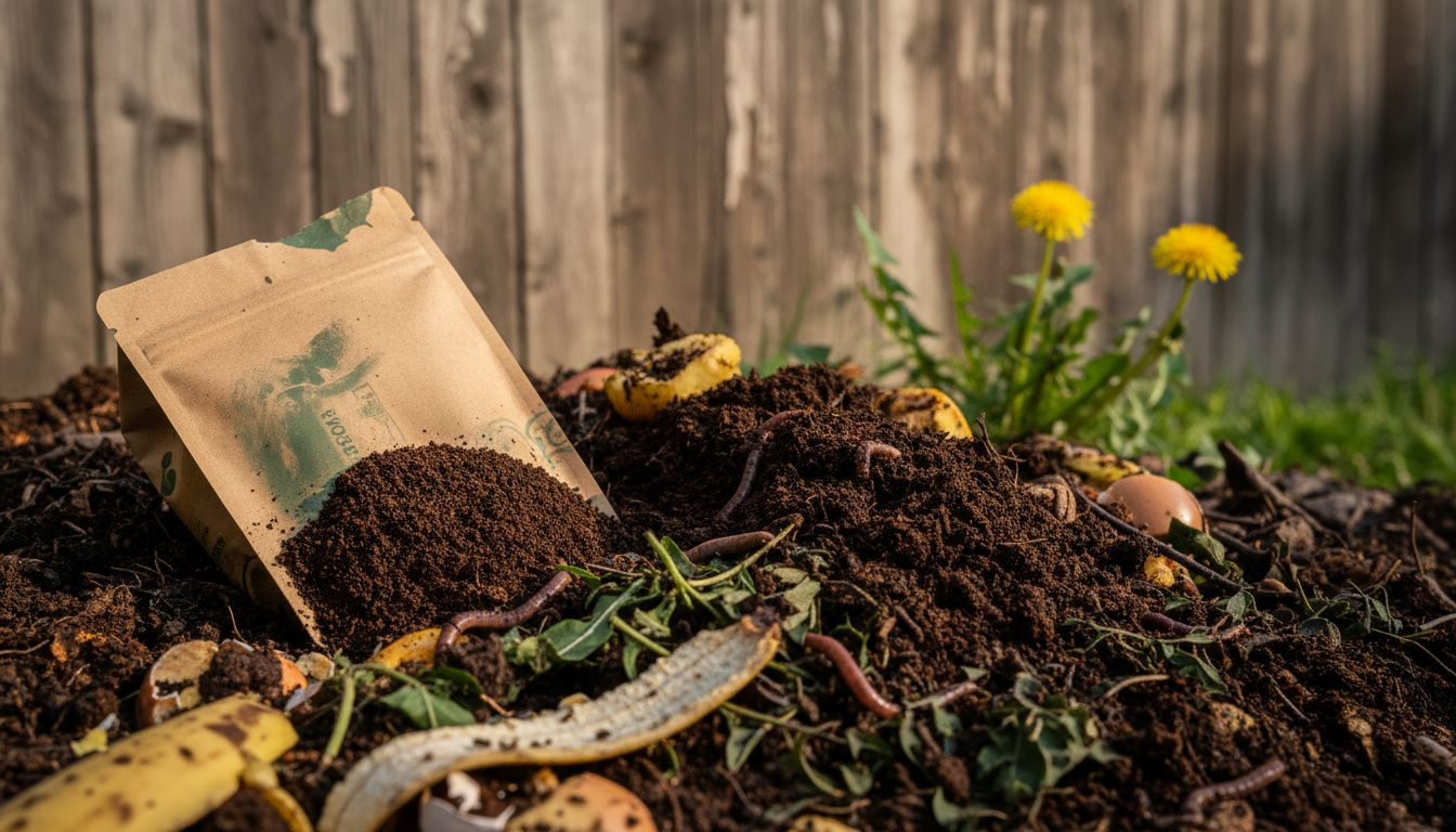 Compost heap with decomposing coffee packaging