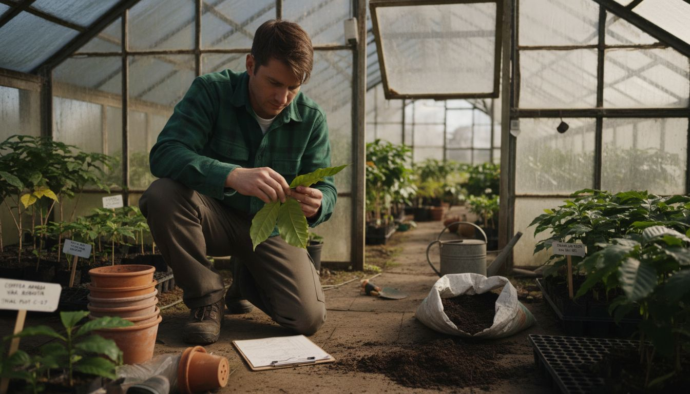 Scientist inspecting coffee plants in greenhouse