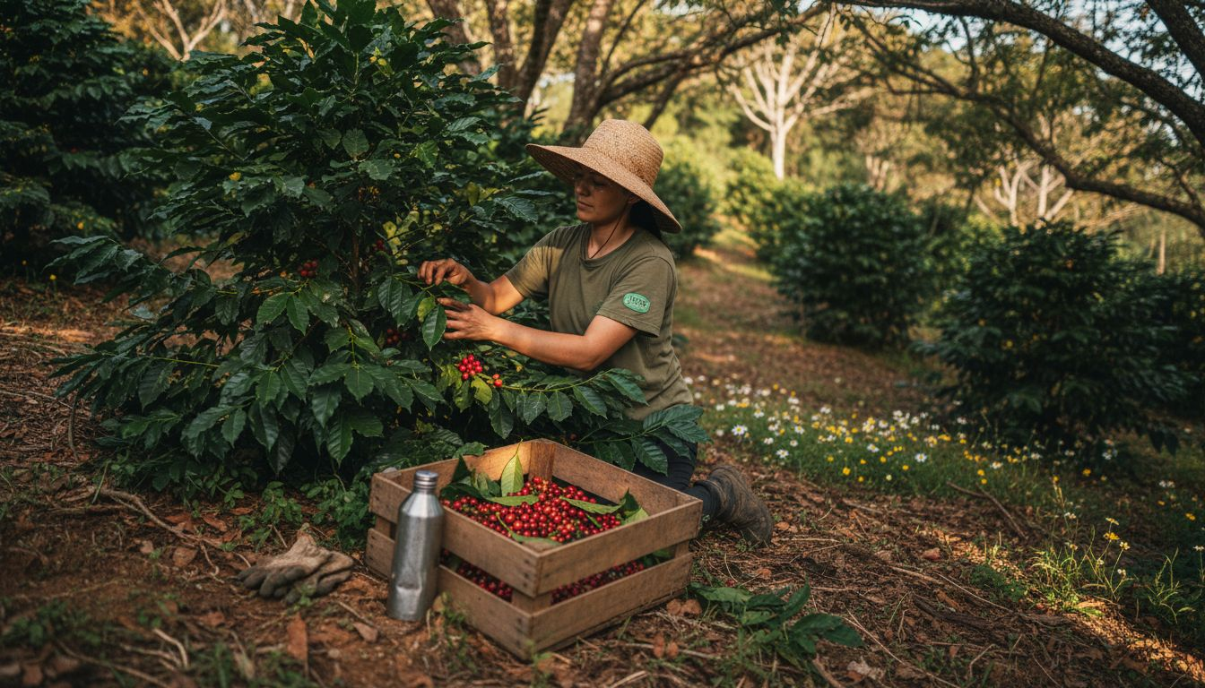 Handpicking coffee cherries by organic farmer