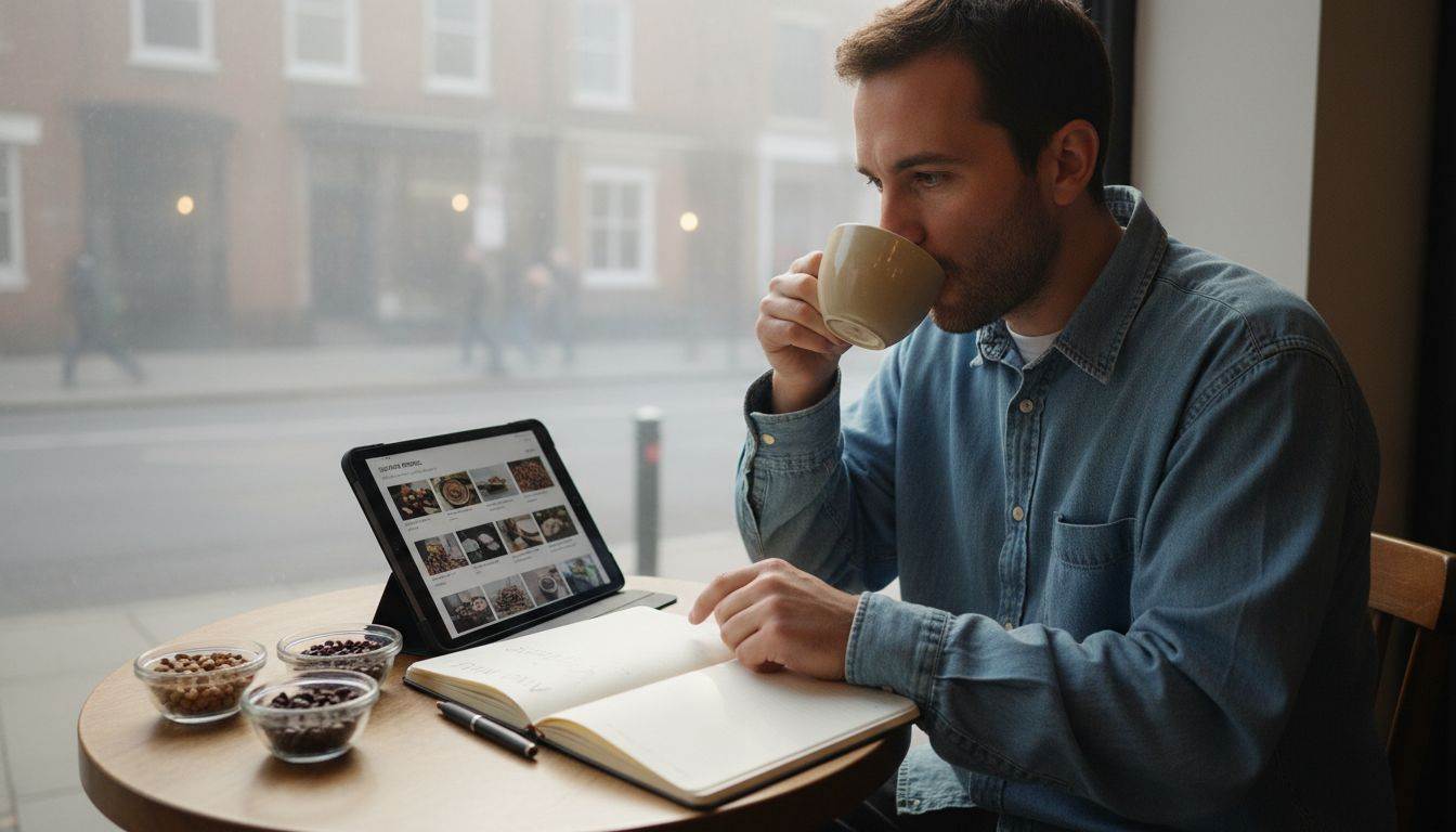 Man researches coffee origins at café table