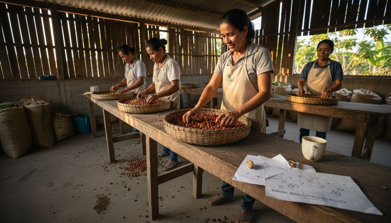 Workers sort coffee in eco-friendly shed