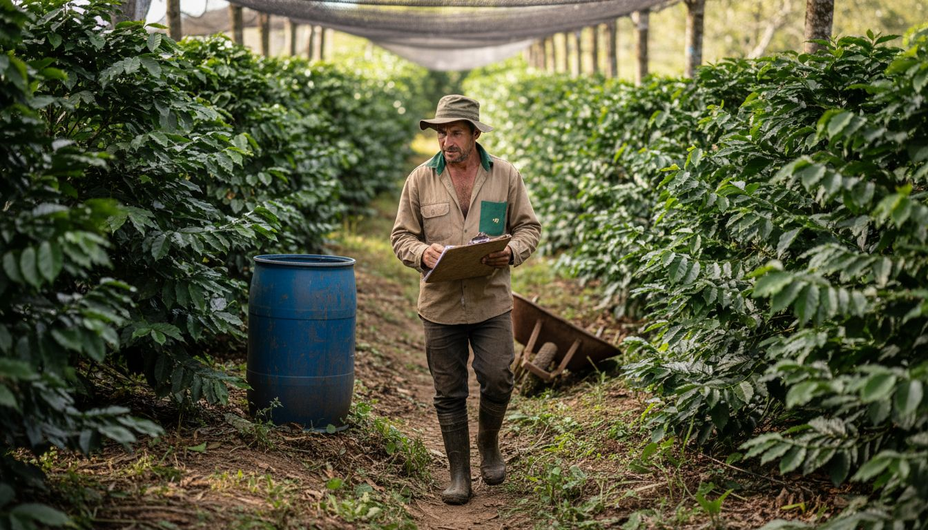 Farmer comparing coffee farming practices onsite