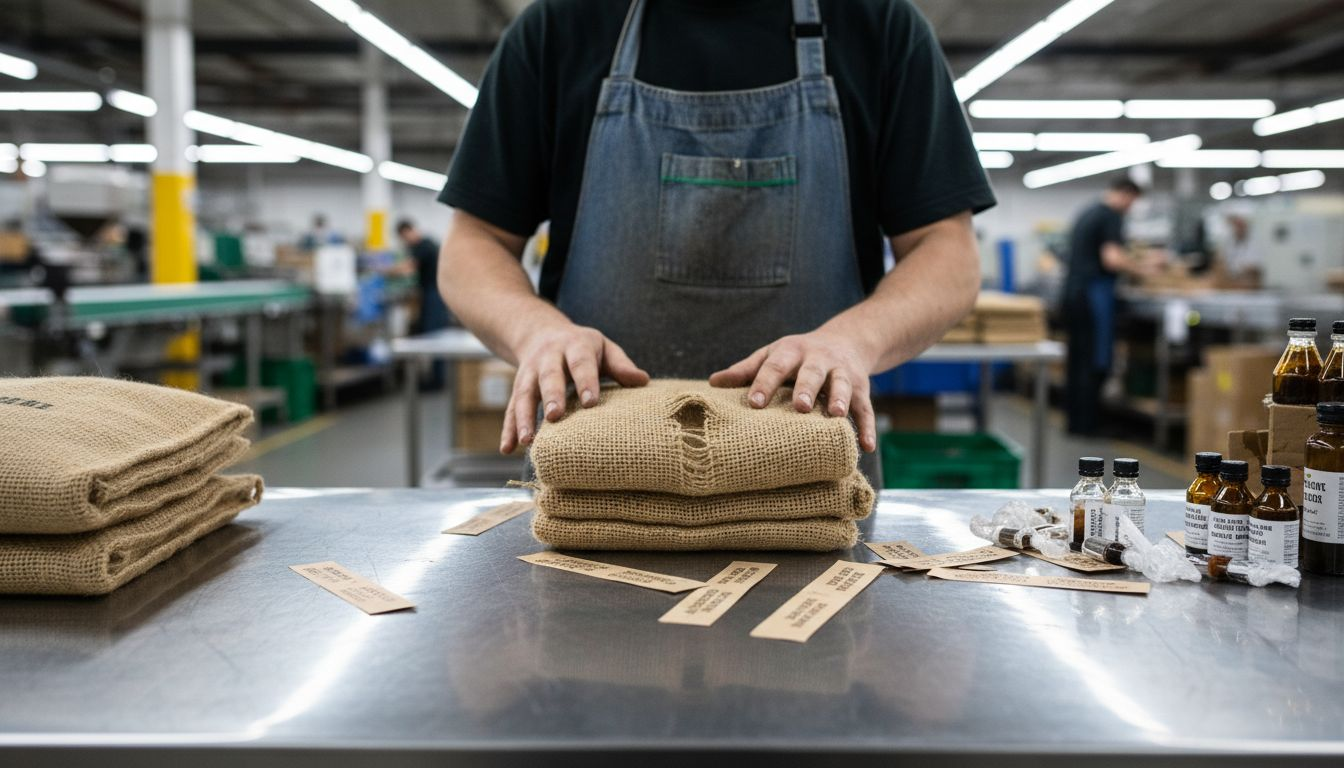 Worker sorting used coffee packaging materials