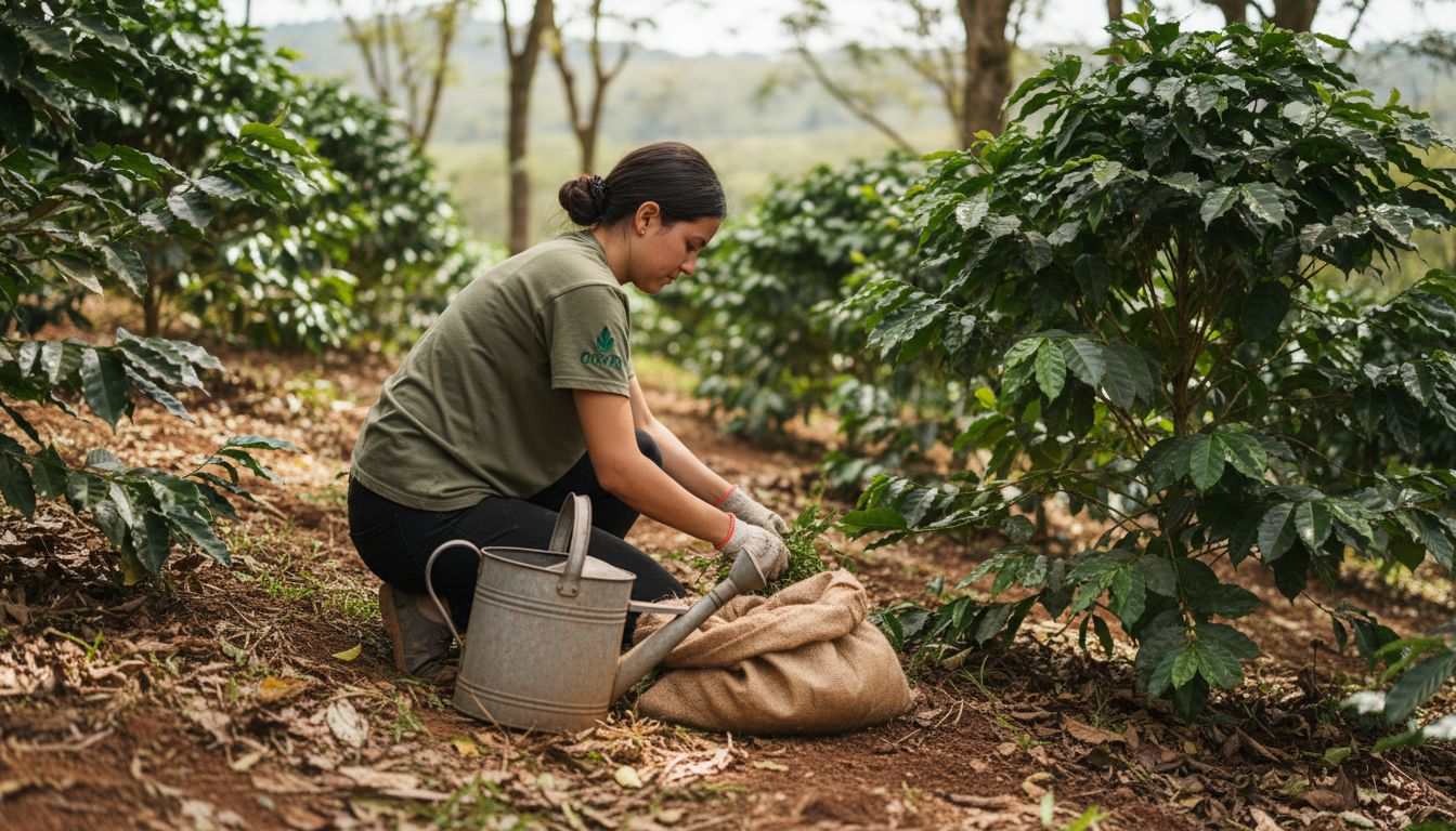 Woman tending to organic coffee plants