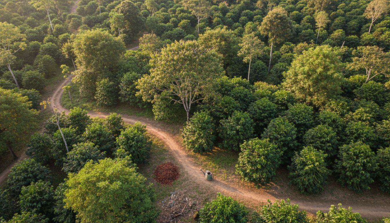 Biodiverse coffee plantation mixed with forest canopy