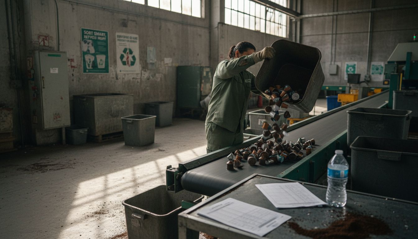 Worker sorts compostable and plastic coffee pods