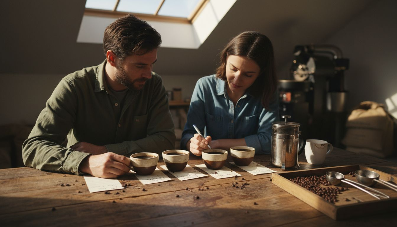 Friends tasting coffee at rustic roastery table