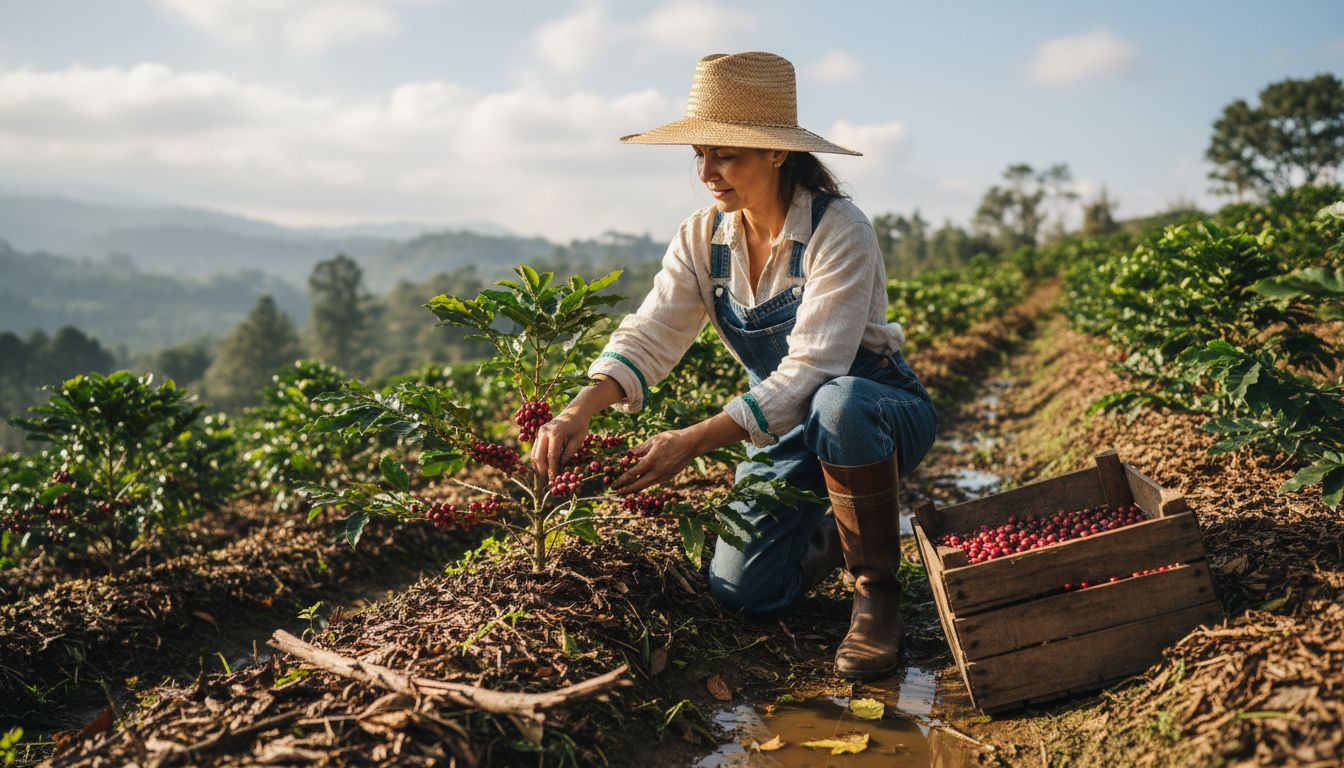 Woman harvesting coffee on eco-friendly farm