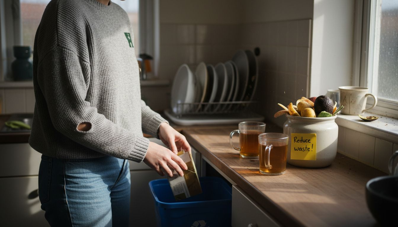 Woman recycling sustainable tea packaging in kitchen