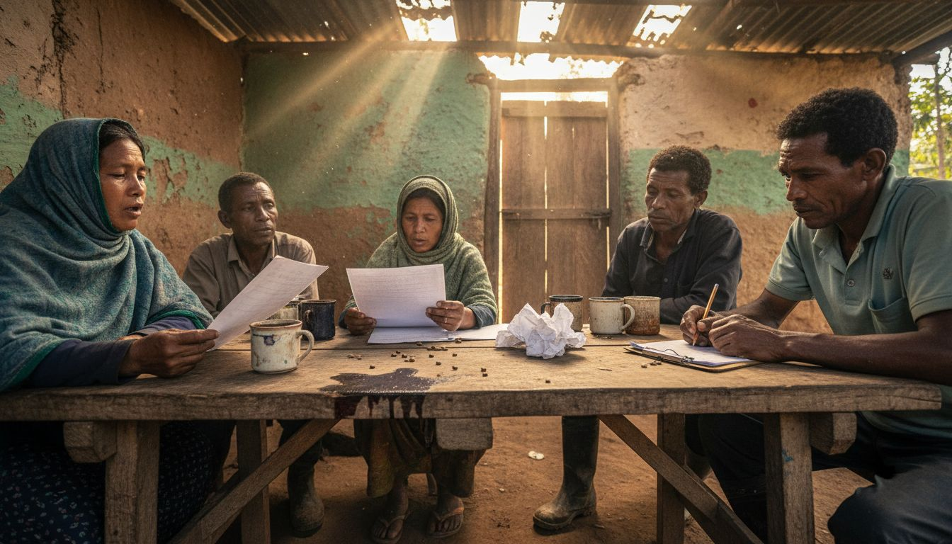 Coffee farmers meeting at rustic picnic table