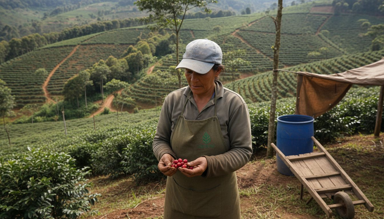 Farmer inspecting coffee plants on hillside farm