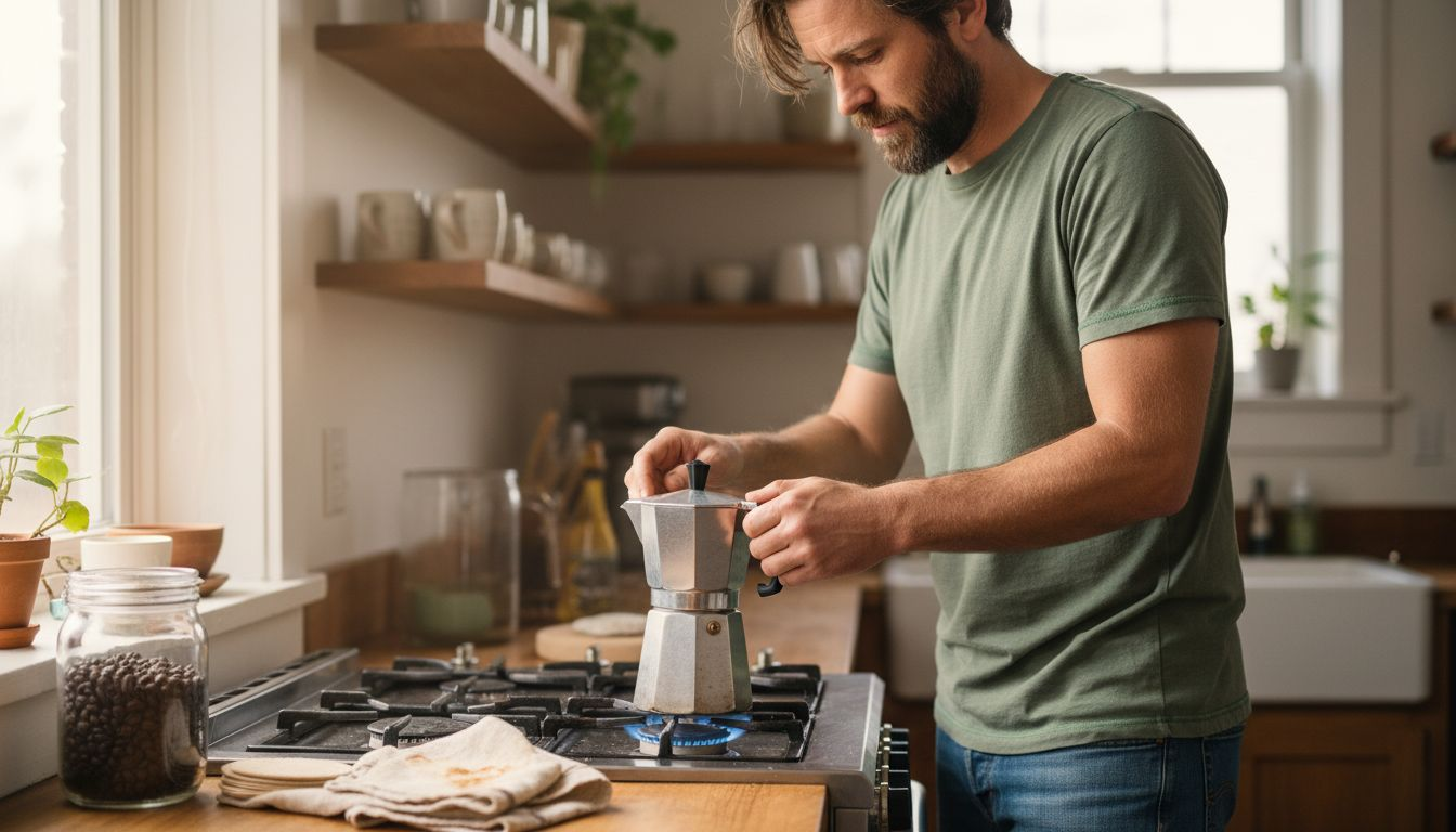 Man assembling moka pot for eco-brewing