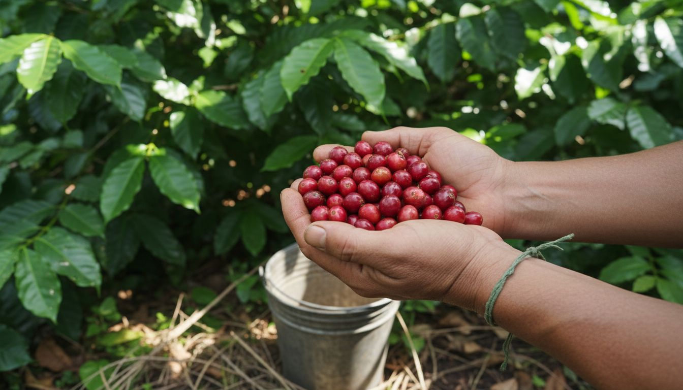 Hands holding ripe coffee beans under shade