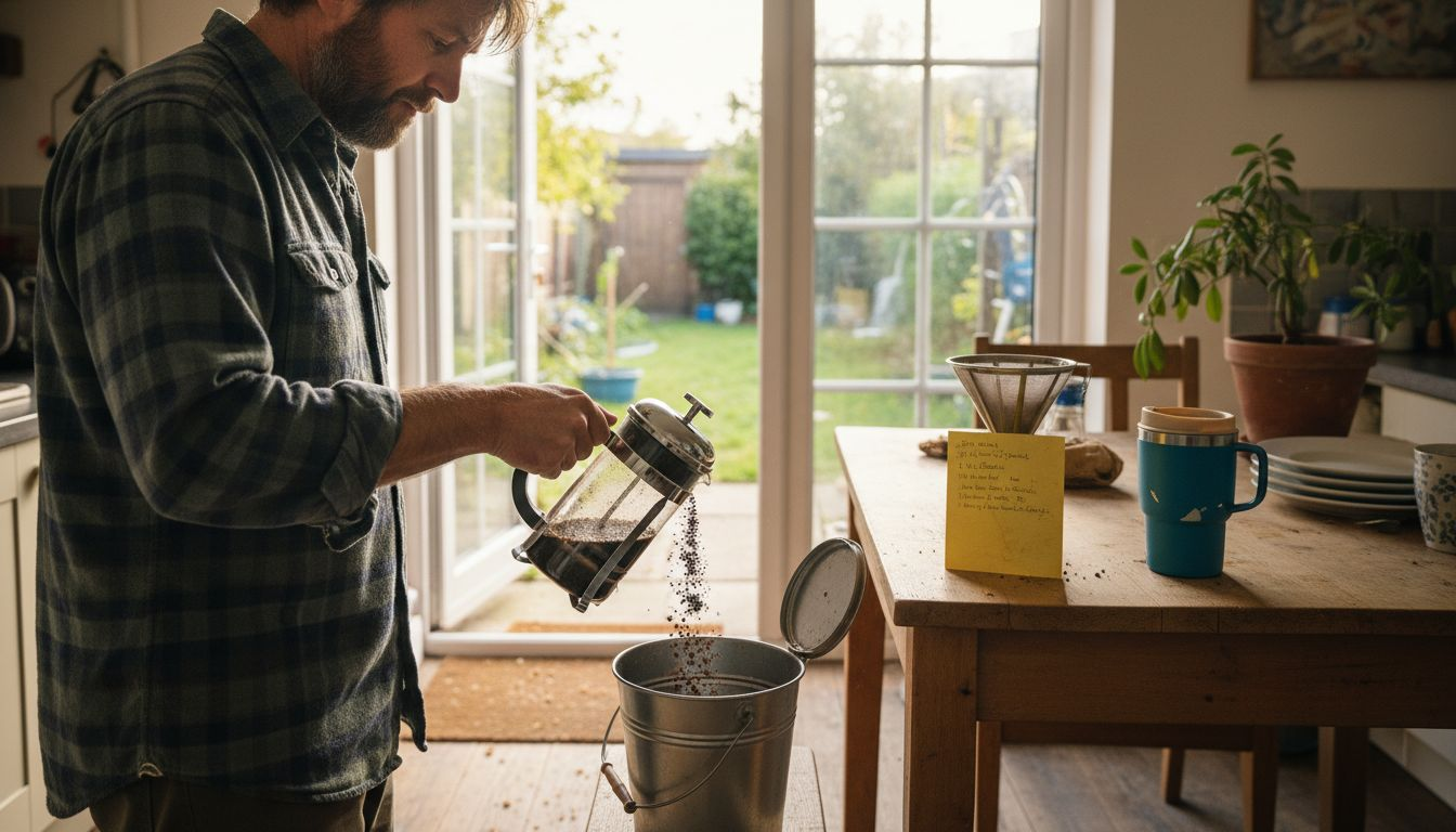 Composting coffee grounds and reusable filter in kitchen