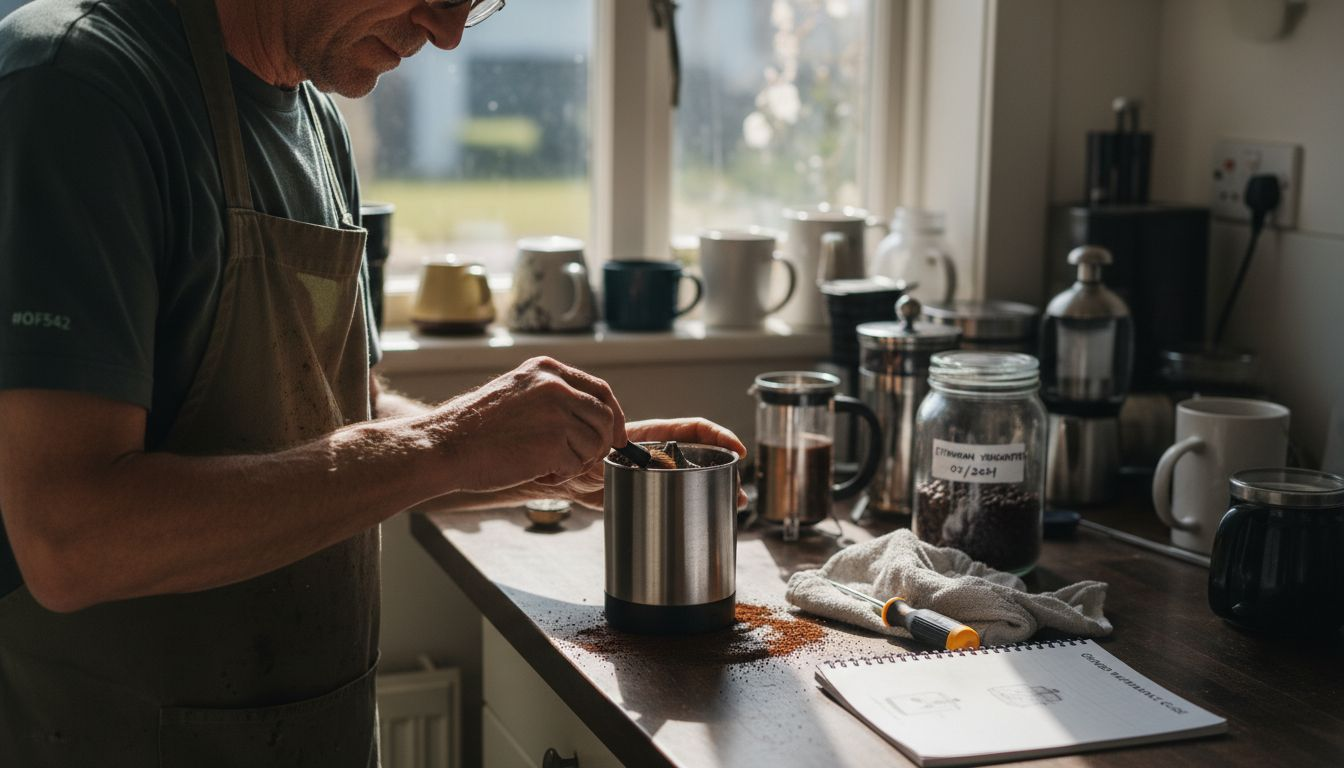 Man cleaning coffee grinder at kitchen counter