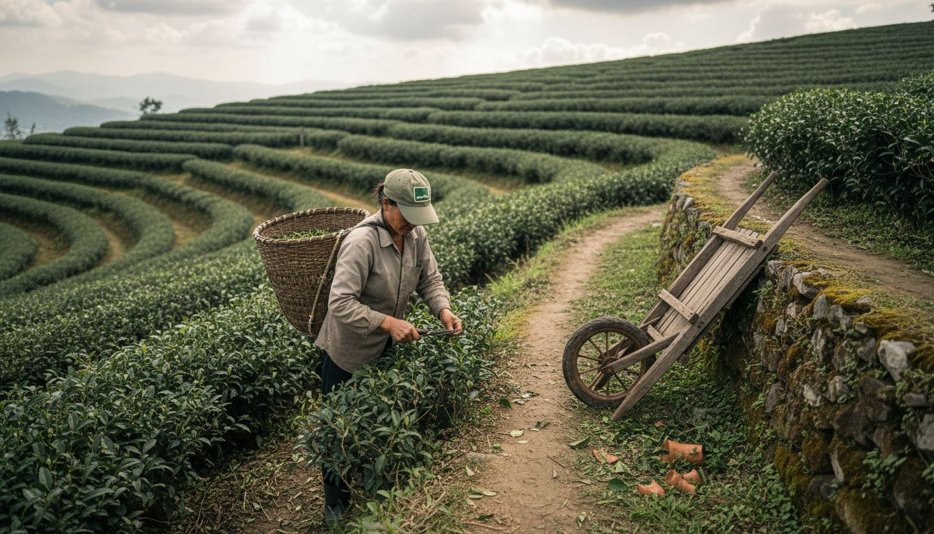 Tea picker at sustainable hillside plantation