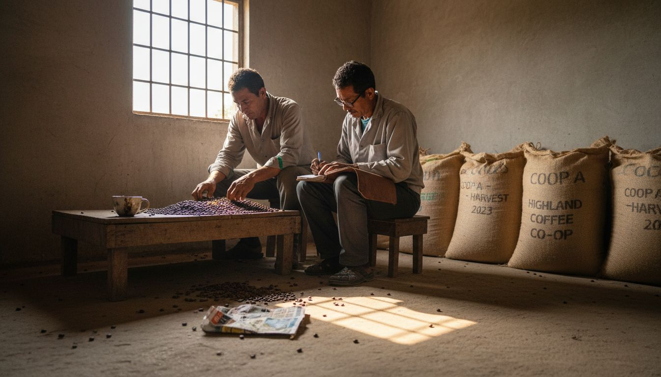 Farmers sorting beans and recording prices