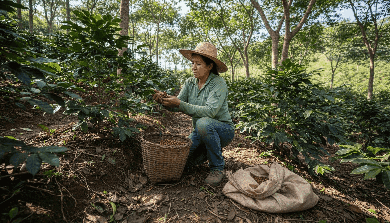 Farmer inspecting coffee cherries on sustainable farm