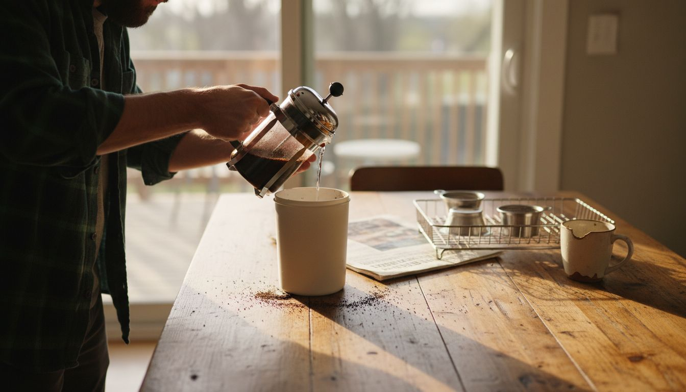Man composts French press coffee grounds