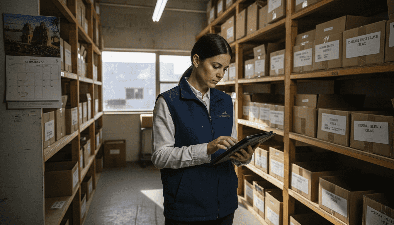 Supply chain manager checking tea sourcing info