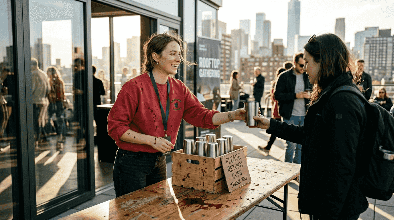Volunteer handing out reusable coffee cups