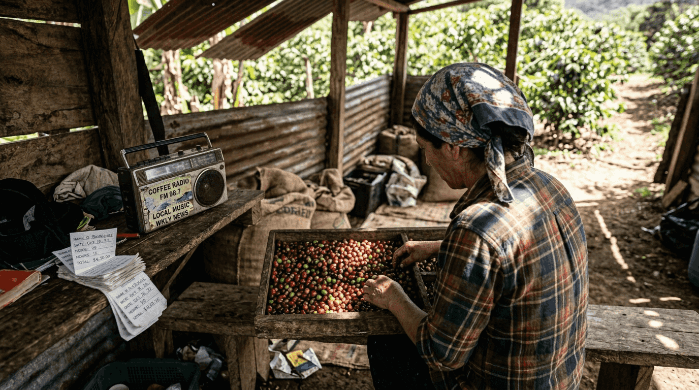 Worker sorts coffee cherries under metal shelter