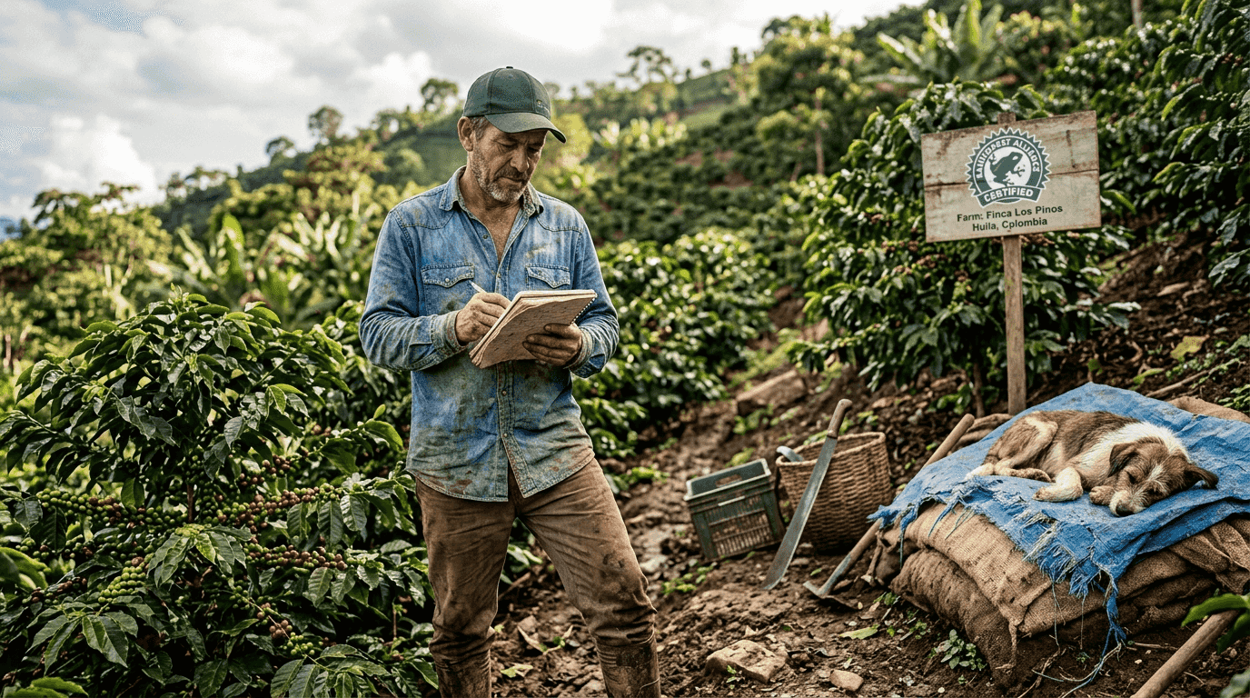 Farmer examining Rainforest Alliance certified coffee farm