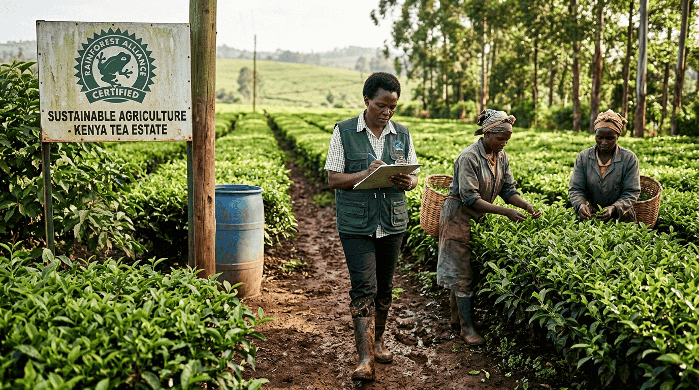 Supervisor and workers inspecting certified tea farm