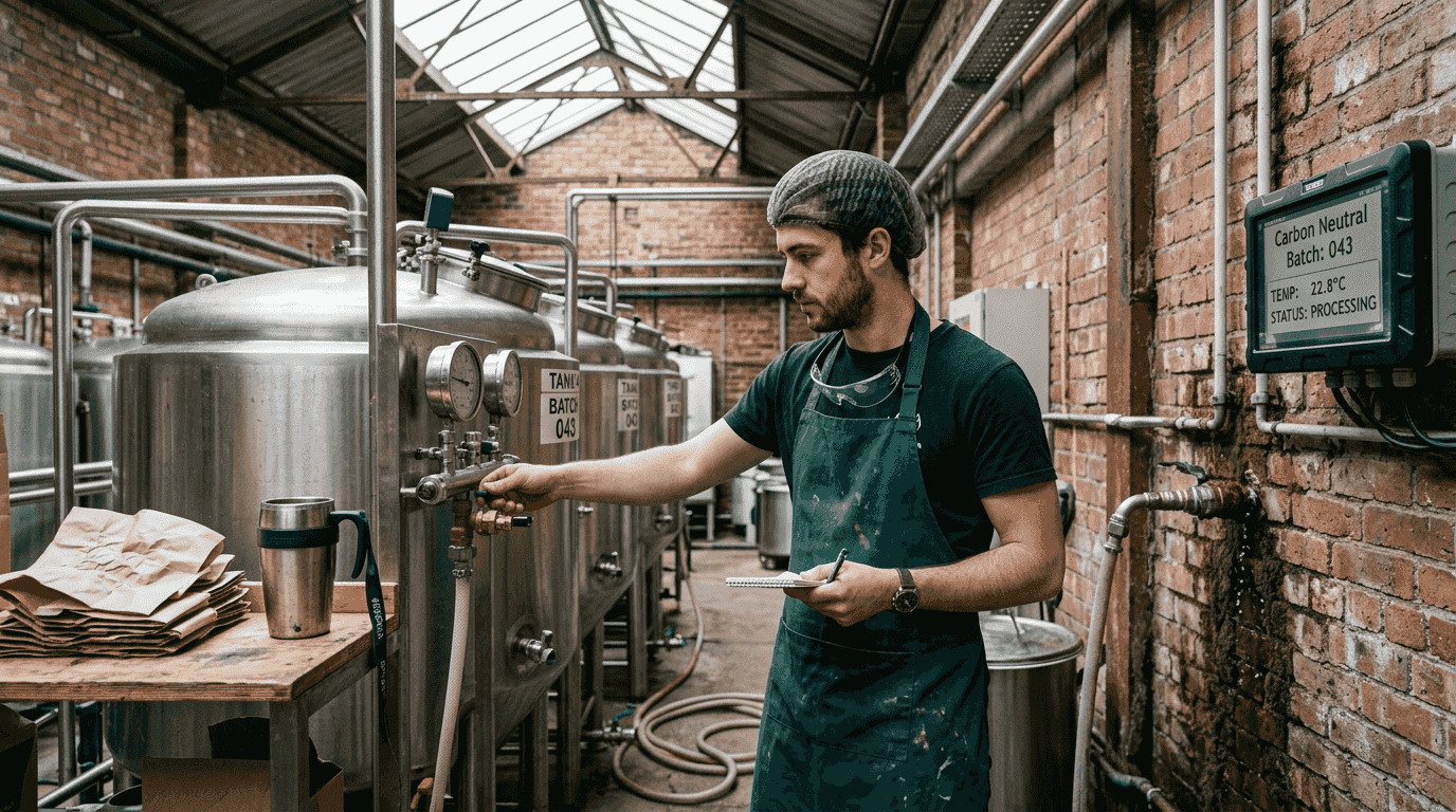 Tea factory worker checking carbon neutral batch