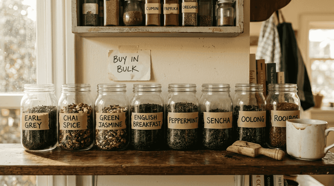 Glass jars storing bulk loose leaf tea