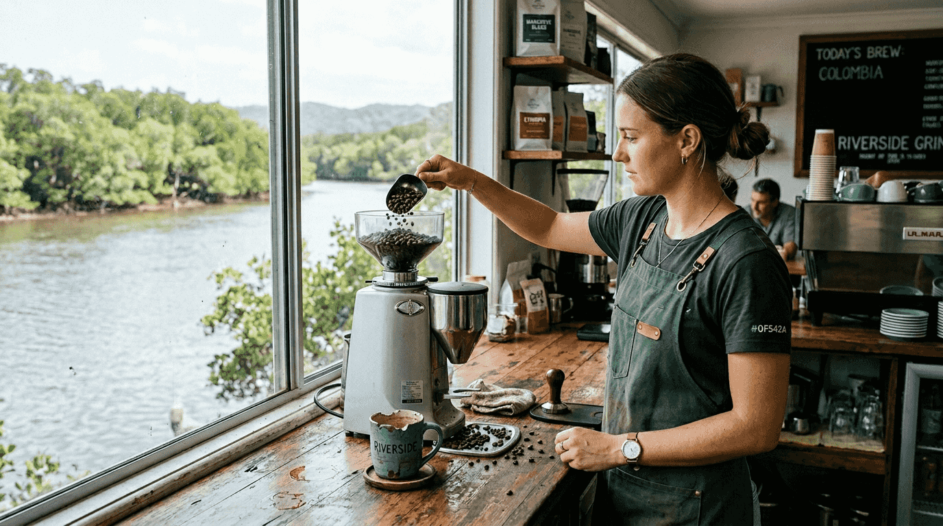 Barista with coffee and mangrove river