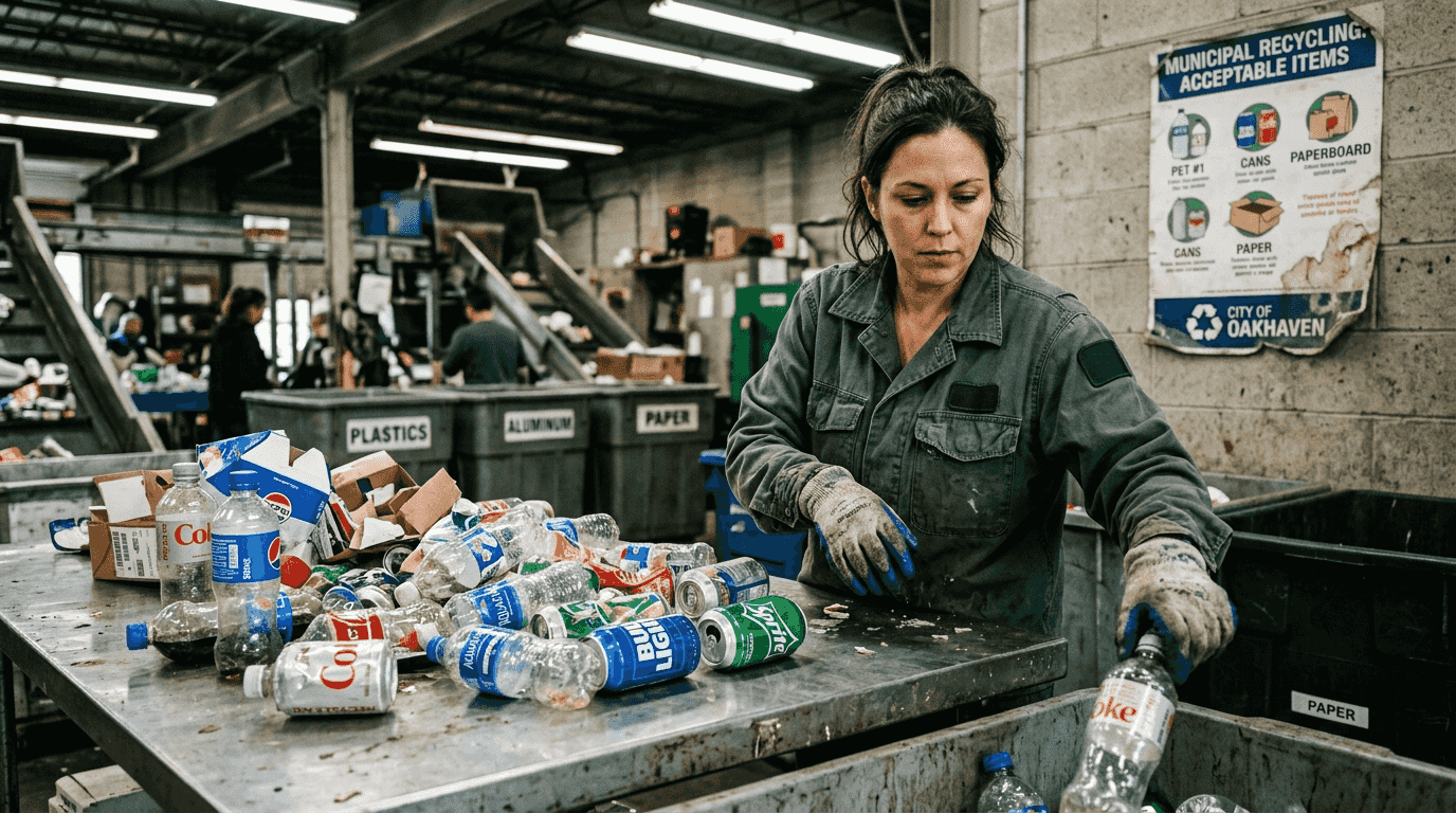 Worker sorting recyclable beverage packaging